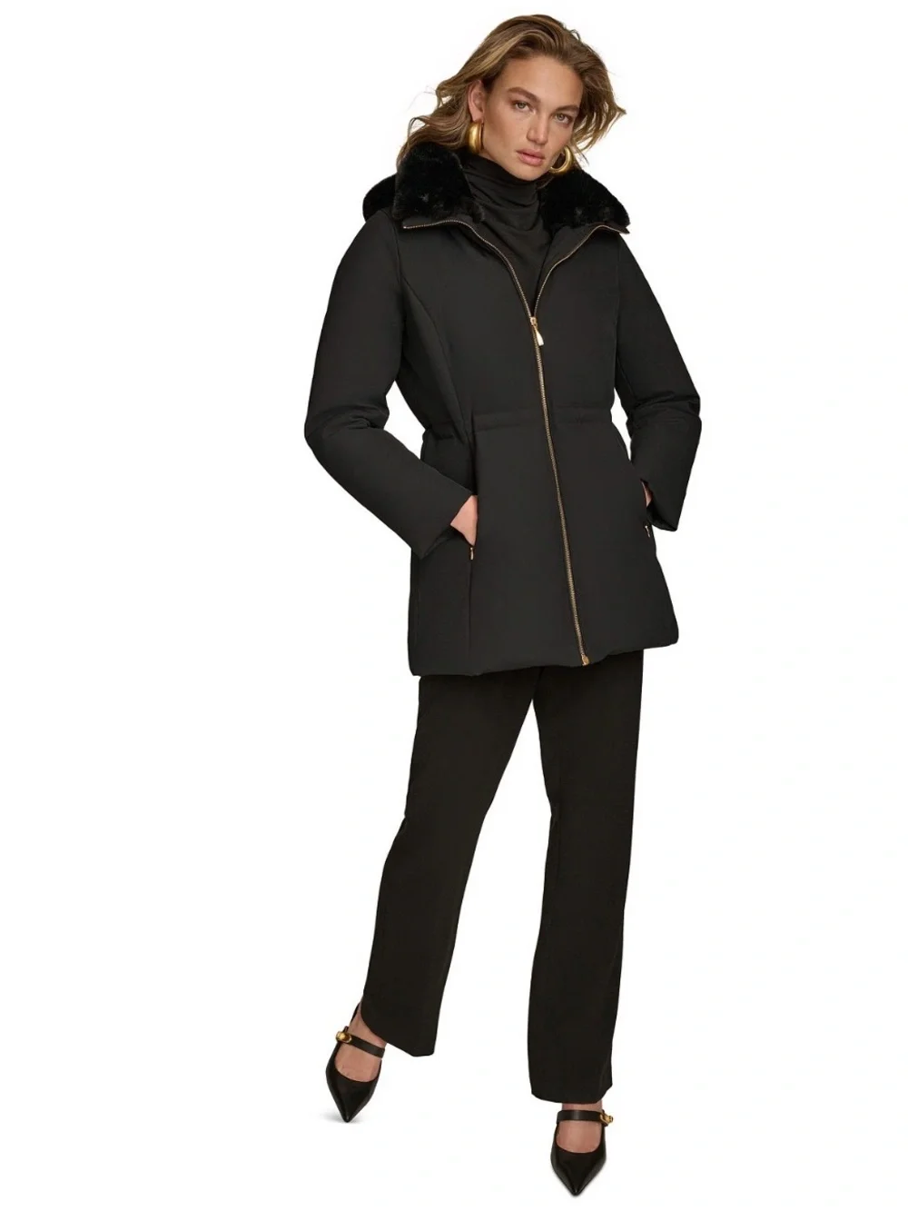 NWT Donna Karan Women's Faux-Fur-Collar Short Puffer Coat. MEDIUM. Black. $259